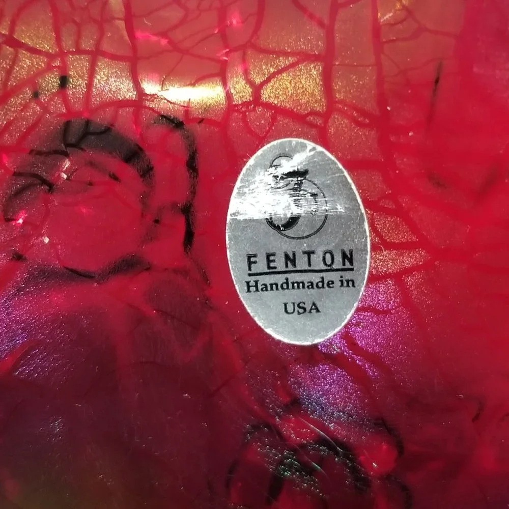 Ruby Red Open-Heart Bowl Rare Fenton's Iridescent Cabbage Rose Art Glass - Picture 4 of 6